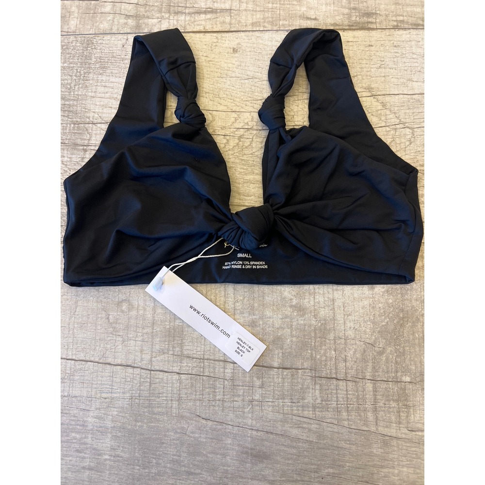 Riot Swim Henley Bikini Top Black Knotted‎ Shoulder Straps Size Small NWT